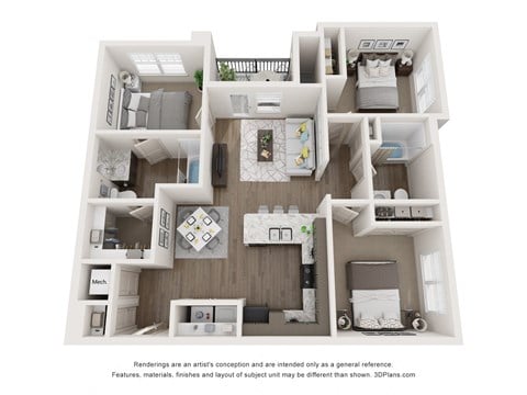 Floor plan for 3 beds, 2 baths, 1055 sqft